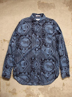 Engineered Garments "Short Collar Shirt & Popover BD in Blue/Navy Ethnic Print"