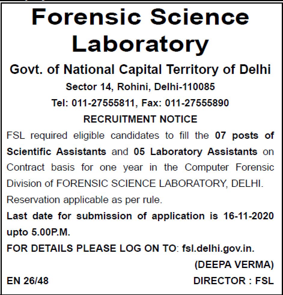 Forensic Science Laboratory Delhi Recruitment 2020 Apply 12 Vacancies