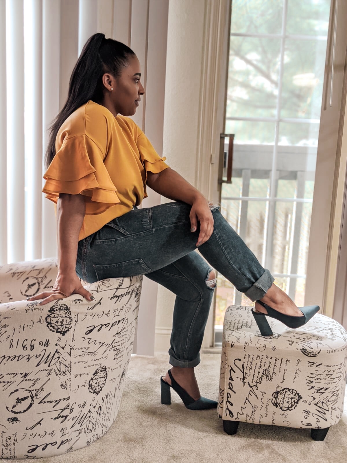 Lookbook store, stylish at home, shoedazzle shoes, denim mules, spring shoes, ruffle sleeves top, spring outfit ideas, summer outfit ideas, how to style denim