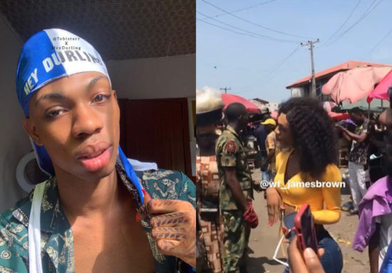 Nigerians React As Soldiers Was Spotted Escorting Crossdresser James Brown to The Market (Video)