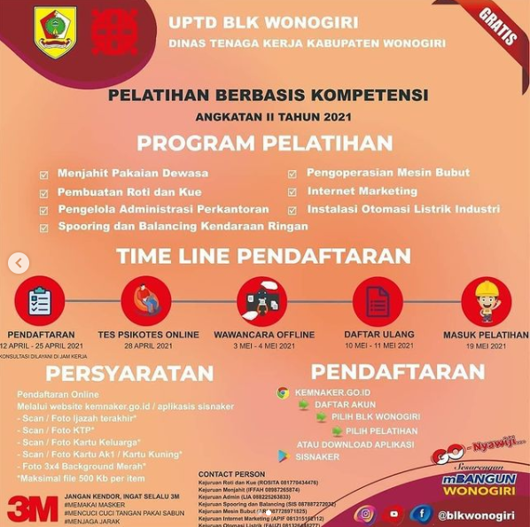 Gratis Pendaftaran Pelatihan Berbasis Kompetensi Tahap 2 Blk Wonogiri Tahun 2021 Peluang Terkini