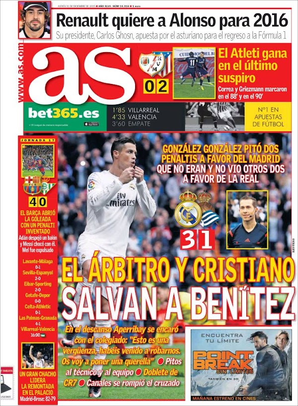 Real Madrid, AS: "El árbitro y Cristiano salvan a Benítez"