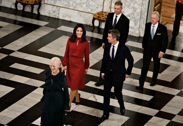 Crown Prince Frederik at P4G summit dinner. Crown Princess Mary wore Isabel Marant red ruffled high neck blouse and red skirt