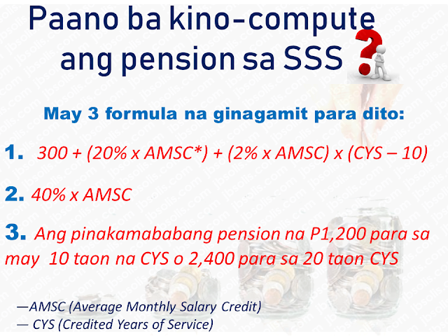 As an SSS member, do you any idea how much you will get after many years of religiously paying your contributions?   We will give an idea on how SSS monthly pension is computed.         The monthly pension computation is based on this formulas and whichever the higher value may be, that will be the amount of your monthly pension.   A) 300 + (20% x AMSC*) + (2% x AMSC) x (CYS** – 10)    B) 40% x AMSC;     C) The minimum pension of P1,200, if with at least 10 CYS; or P2,400, if with at least 20 CYS, whichever is applicable.    *AMSC (Average Monthly Salary Credit)  ** CYS (Credited Years of Service)    Using three computations above, assuming the case of someone who contributed for 25 years based on the AMSC of P16,000.      Using the first formula, we have P300 + 20 percent (16,000) + [2 percent (16,000) x (25-10)]=P300 + P3,200 + [320 x15]=P8,300. The basic pension amount in this case is P8,300.    The second formula, which is 40 percent of the AMSC, will be 40 percent of P16,000=P6,400.      Applying the third formula would yield P2,400 as the basic pension.       Since the law provides that the highest amount shall be granted as the pension, this means that the basic pension shall be P8,300.       Sponsored Links        For example, the cases of Juan and Pedro. Juan has a monthly salary credit of P1,000 (the lowest salary level subject to the SSS contribution) and contributes to SSS based on this salary for 25 years, while Pedro has a monthly salary credit of P16,000 (the maximum salary as of to-date) and also contributes for 25 years.       Juan’s monthly contribution of P110 would total P33,000 after 25 years of contribution to the SSS, while Pedro, whose monthly contribution of P1,7650, would sum up to P528,000 after 25 years.    If they both file for retirement pension at the same time and receive pensions for 25 years, Juan, whose pension will amount to P2,400 per month, would have received a total of P780,000, while Pedro, whose monthly pension is P8,300, would have received P2,699,500 after 25 years.      If they both pass away their pensions will cross over to their spouses as their primary beneficiaries.    Now that you have an idea how much you will be received in case you will retire, it is in your hands how much would you like to contribute for your retirement. The bigger your contribution, the bigger pension you will get once you retired.    Read More:   Popular Pinoy Stores In Canada  10 Reasons Why Filipinos Love Canada  Comparison Of Savings  Account In The Philippines:  Initial Deposit, Maintaining  Balance And Interest Rates  Per Annum  Mortgage Loan: What You Need To Know  Passport on Wheels (POW) of DFA Starts With 4 Buses To Process 2000 Applicants Daily   Did You Apply for OFW ID and Did You Receive This Email?  Jobs Abroad Bound For Korea For As Much As P60k Salary  Command Center For OFWs To Be Established Soon    ©2018 THOUGHTSKOTO  www.jbsolis.com   SEARCH JBSOLIS, TYPE KEYWORDS and TITLE OF ARTICLE at the box below