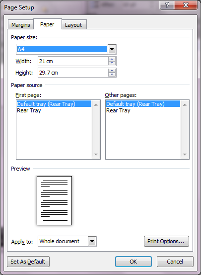 setting ukuran default kertas di word 2010