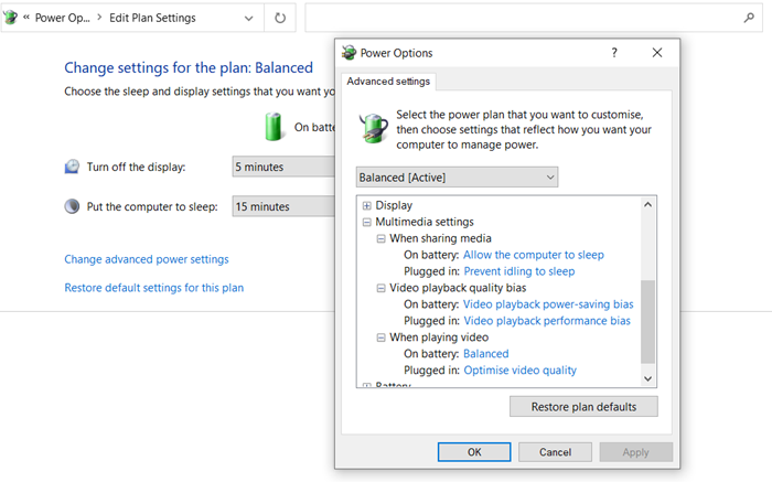 Cambiar la configuración del plan de energía para multimedia