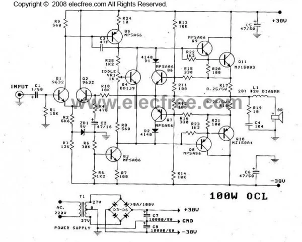 100W ocl amplifier schematic