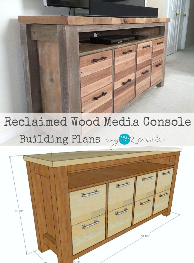 Build your own Reclaimed Wood Media Console with Free plan from MyLove2Create.
