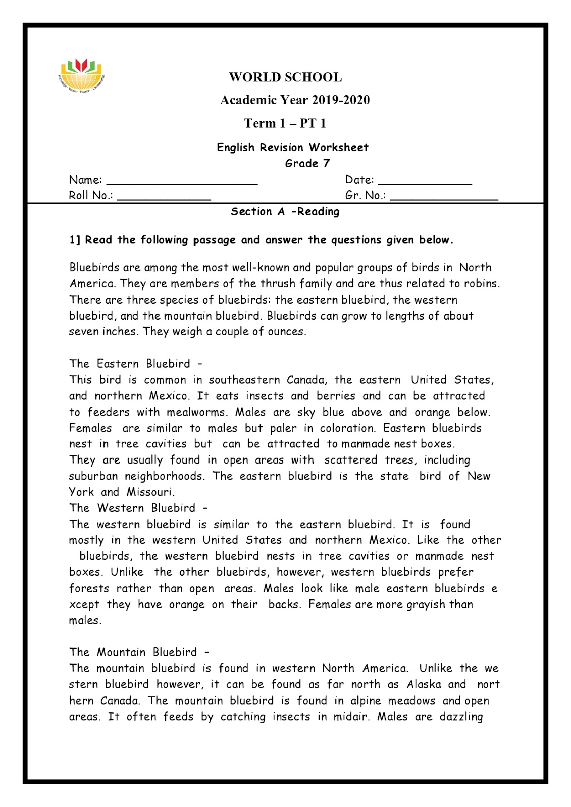 Birla World School Oman: Homework for Grade 7 as on 29-09-2019