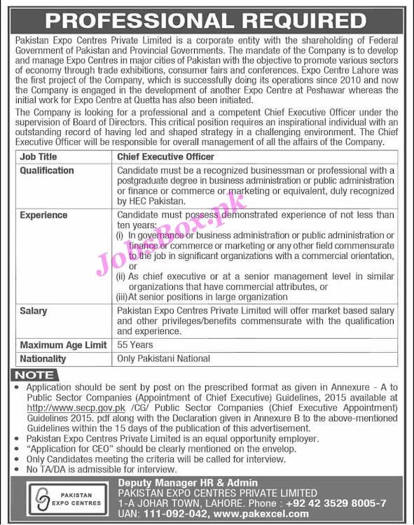 Pakistan Expo Centers Limited Jobs 2021