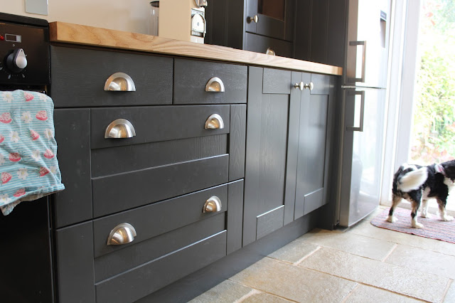 satin nickel drawer handles in graphite kitchen