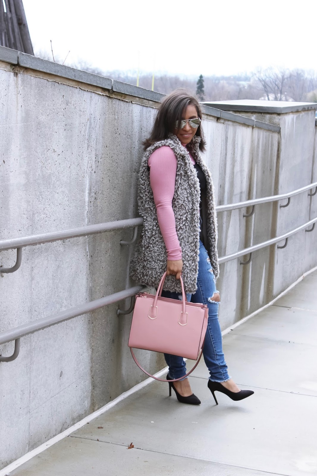 Layer Like A Pro, pink, grey fuzzy vest, spring layers, ripped denim, street style, mirrored sunglasses, pink purse, structured purse