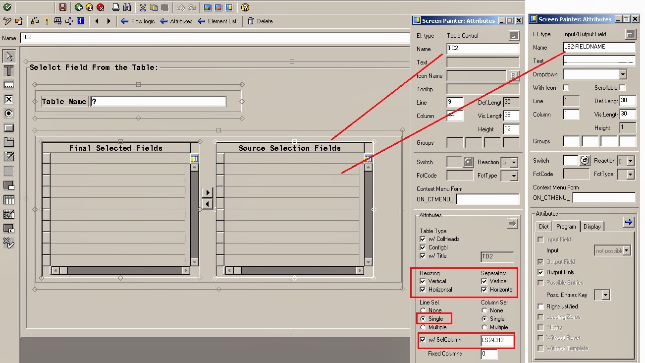 TECHSAP Field selection operation with two Table Controls in Module