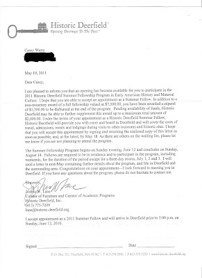 acceptance letter deerfield fellowship historic program summer
