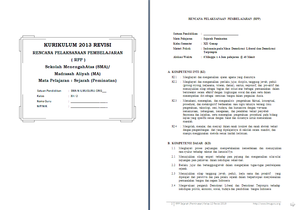 Rpp 1 Lembar Sejarah Peminatan Kelas Xii Sma Ma K13 Revisi 2020 Riset