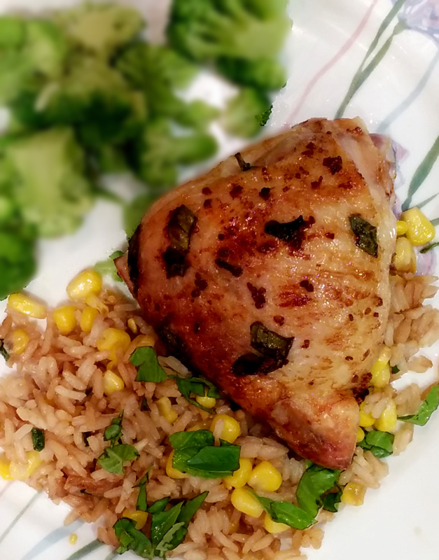 Asian Marinated Chicken with Corn and Basil Faux-Fried Rice