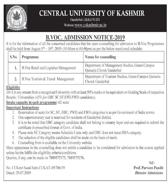 Central University of Kashmir notice regarding counselling schedule for B.VOC. Programmes 2019