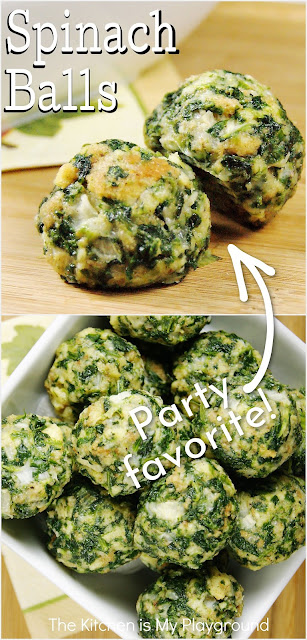 Spinach Balls ~ Party-perfect! Loaded with spinach and stuffing mix, these tasty little bites are always a favorite. They freeze well for make-ahead convenience, too. www.thekitchenismyplayground.com