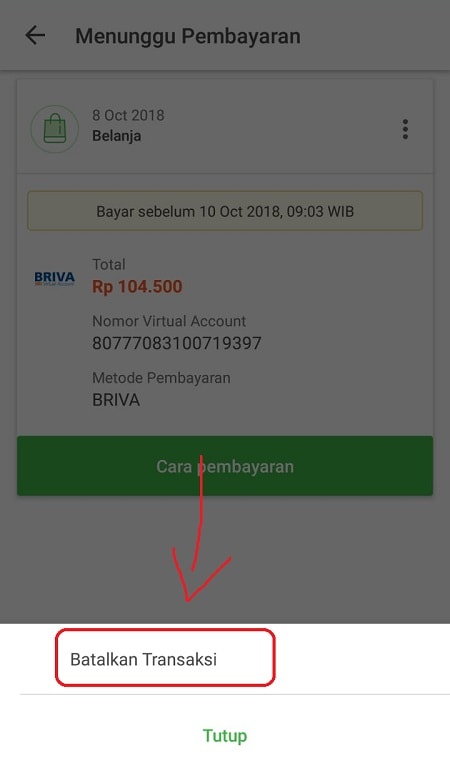 Klik Menu Batalkan Transaksi di Tokopedia Klik Menu Batalkan Transaksi di Tokopedia