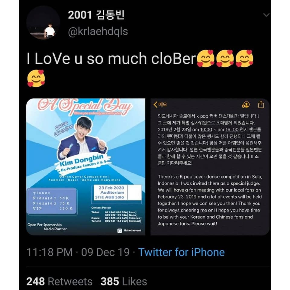 Info Tiket dan Jadwal Kim Dongbin PRODUCE X 101 di Solo Kpop Festival