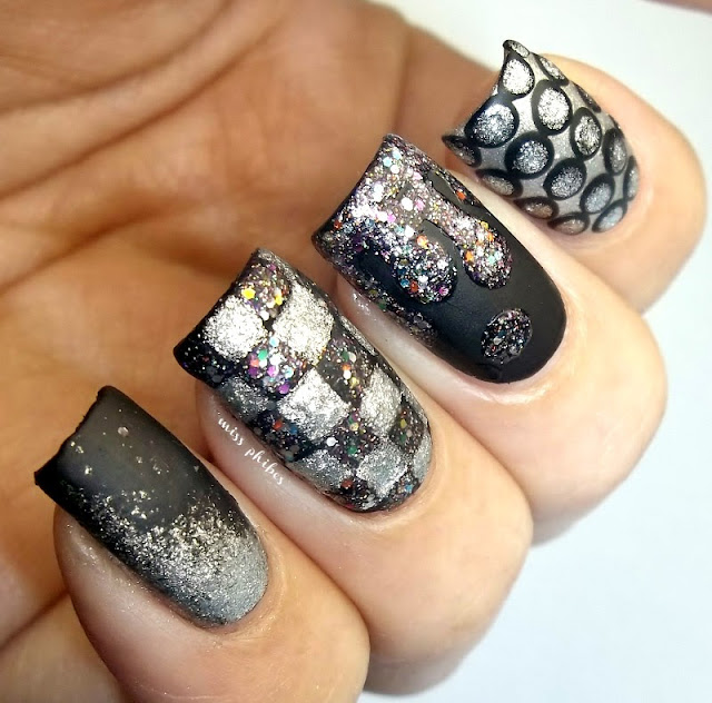 Matte glitters black and silver nail art