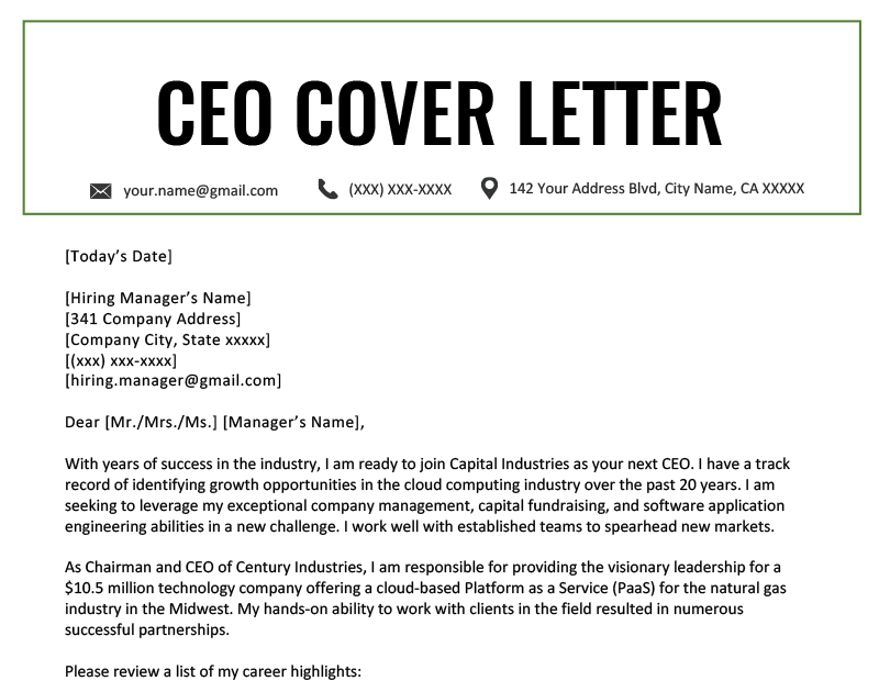 cover letter examples ceo position