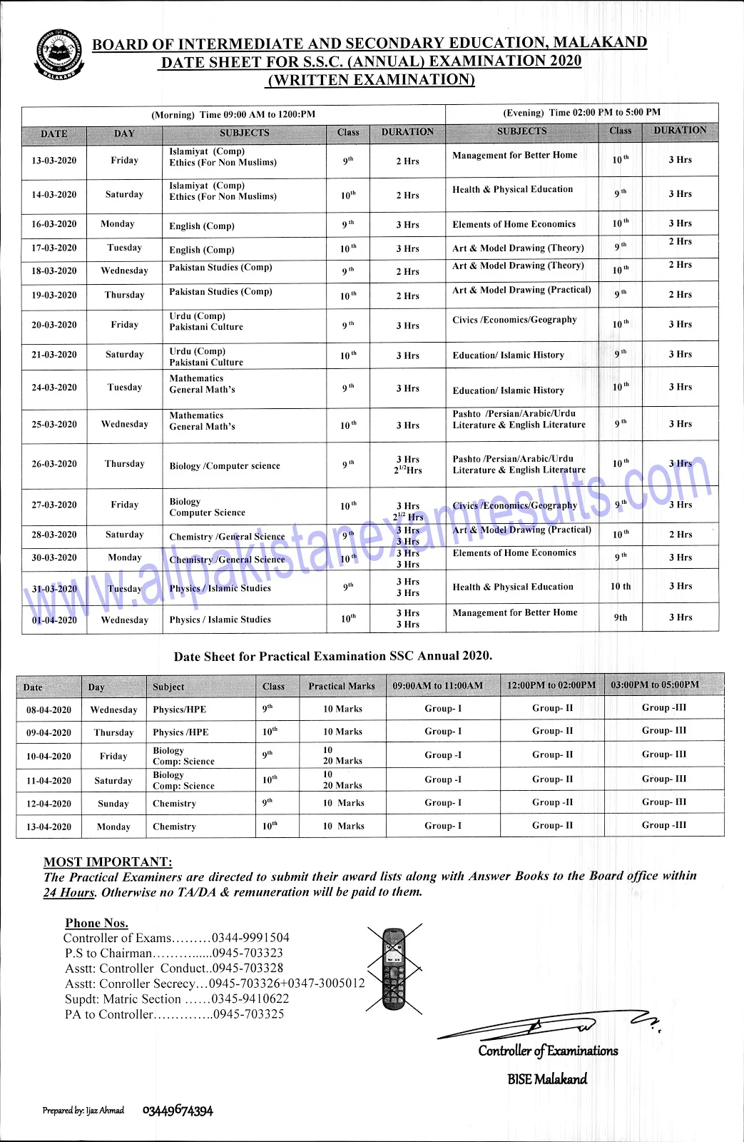 BISE Malakand 9th and 10th Date Sheet 2020