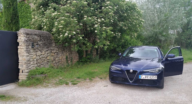 Alfa Giulia neben gusseisernen Tor in der Provence bei Mallemort