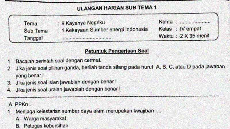 Download soal tematik kelas 4 tema 9 suntema 1