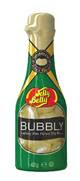 A tall green plastic bottle with a gold top to look like a Champagne Bottle with a bright red jelly bean logo with Jelly Belly in cursive yellow font with Bubbly in gold bold font ona white background. 
