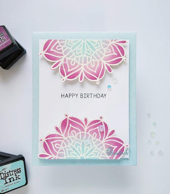 waffle flower lacy flower stamp set, waffle flower mandala stamp card, Mandala card, Mandala stamp,, distress inks, Ink blending, heat embossing, CAS card, Birthday card, Quillish, embossresist, cards by Ishani