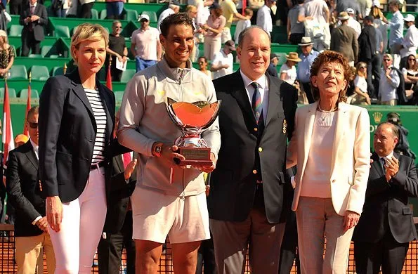 Prince Albert II, Princess Charlene and Pierre Casiraghi at the Monte-Carlo Sporting Club for Spain's Rafael Nadal tennis match. JIMMY CHOO pumps