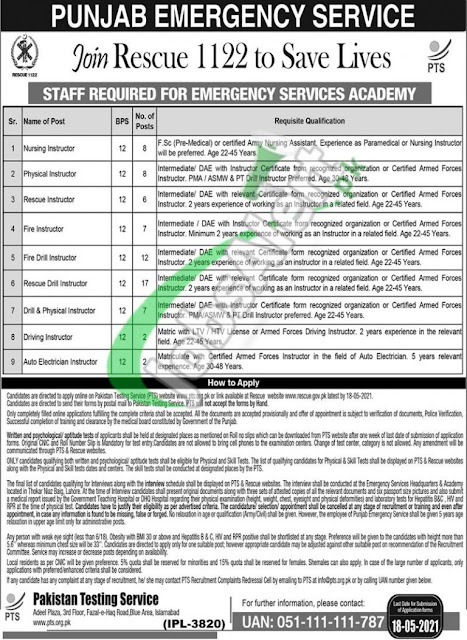 Latest jobs in Rescue 1122 May 2021,Online Apply for Rescue 1122 Punjab May 2021