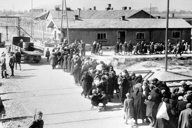 Ladies and children, Hungarian Jews, walking towards their death from gas chamber, Auschwitz II, 1944