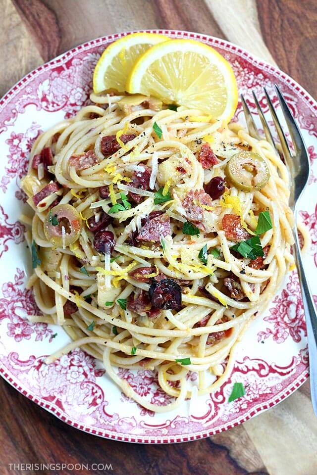 Spaghetti with Lemon, Olives & Salami (Quick & Easy Pasta Recipe with Pantry Ingredients)