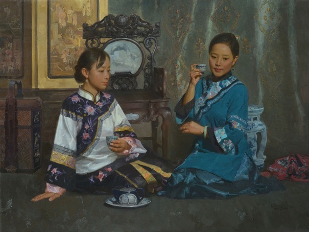 by Mian Situ, "Teatime" - oil on canvas | pinturas, obras de arte by Mian Situ, "Teatime" - oil on canvas | pinturas, obras de arte, imagenes bellas, retratos.