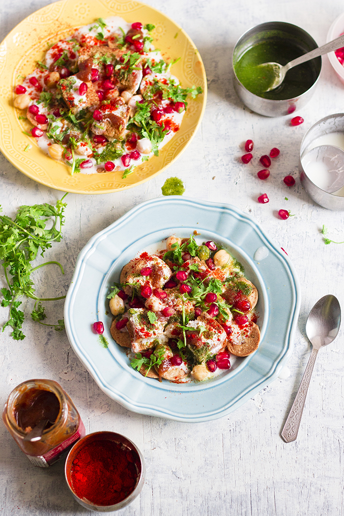 Indian street food, chaat, made with bread, yogurt, chutneys and spices