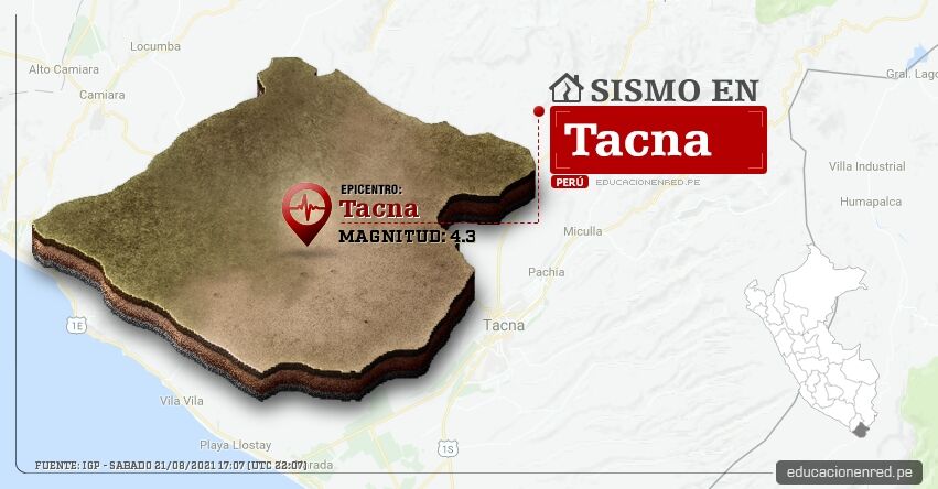 Temblor en Tacna de Magnitud 4.3 (Hoy Sábado 21 Agosto 2021) Sismo - Epicentro - Tacna - IGP - www.igp.gob.pe
