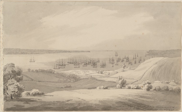 ニュー・ヨークのイギリス艦隊(1776年7月12日)。工兵士官アーチボルド・ロバートソンによる当時の記録。