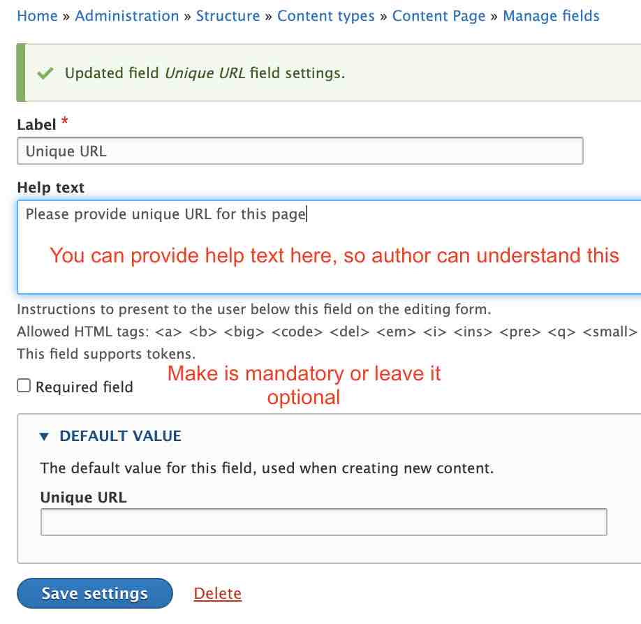 Configure field and provide help text for this particular field