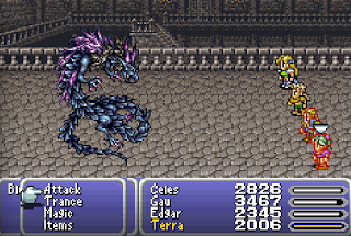 The party battles the Blue Dragon in Final Fantasy VI.