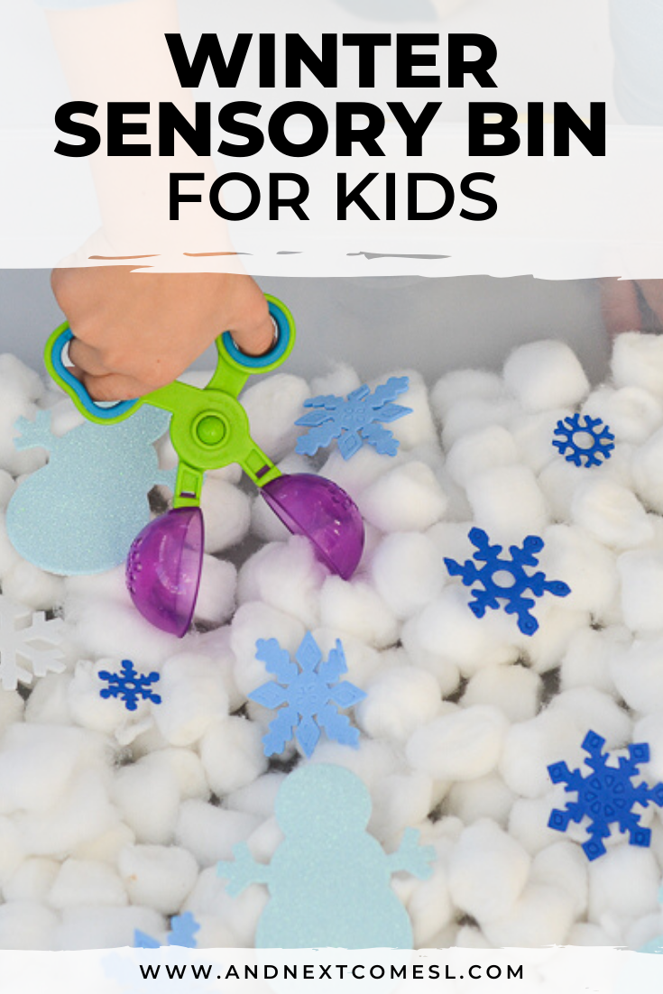 Easy winter sensory bin activity for toddlers, preschool, and kindergarten kids to work on fine motor skills