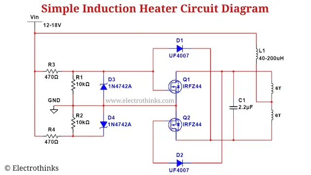 Simple Induction heater Circuit diagram, using IRFZ44