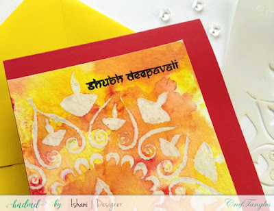 Handmade Diwali card, Brushos on cards, techniques with brushos, Resist Technique, Diwali card Stenciling with brushos, Quillish, 