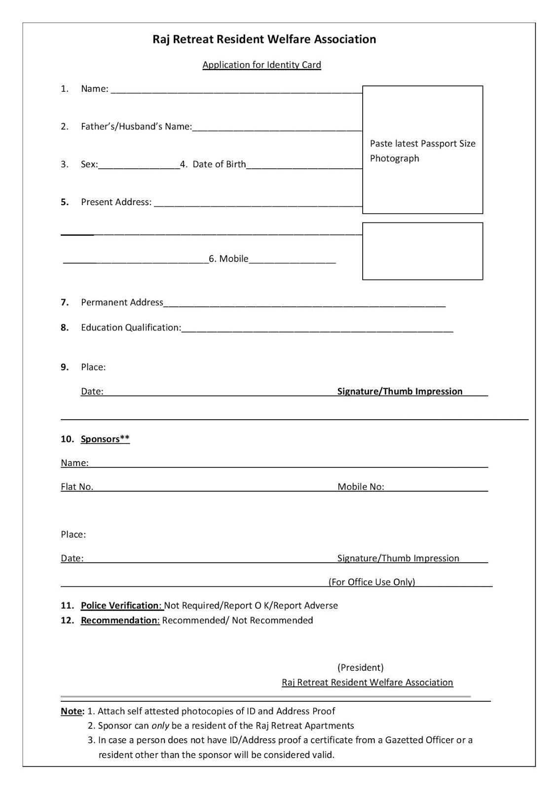 Raj Retreat Resident Welfare Association: Application Form for ID Card