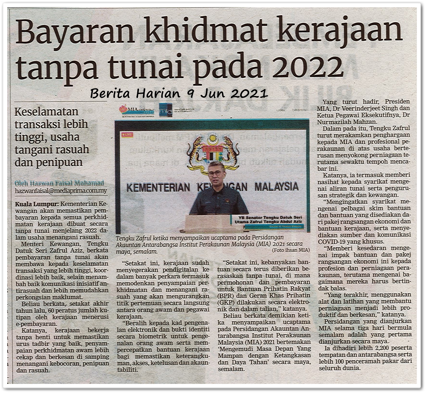 Bayaran khidmat kerajaan tanpa tunai pada 2022 - Keratan akhbar Berita Harian 9 Jun 2021