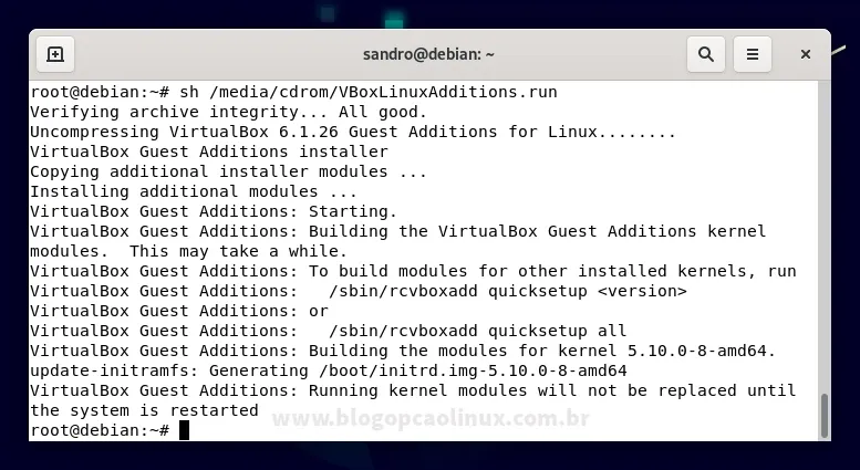 Exemplo de saída do comando ao instalar os Adicionais para Convidado no Debian 11