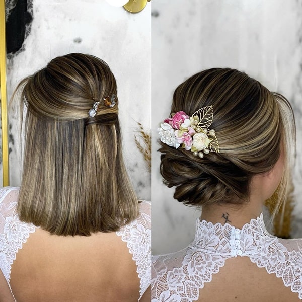 penteado de festa para cabelo curto coque lateral  e semi preso