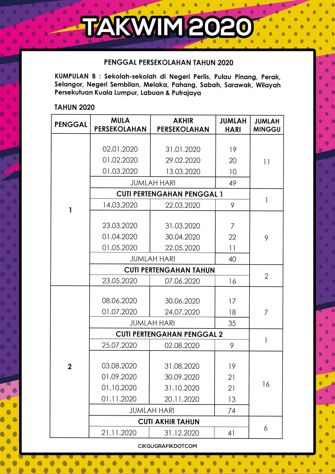 Takwim Cuti Persekolahan dan Perayaan 2020  KOLEKSI 