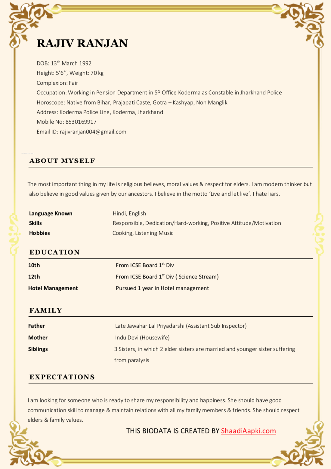 resume for bride format